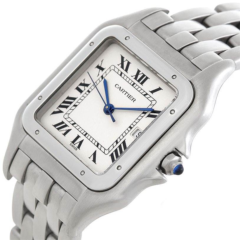 The image shows a Cartier Panthere W25032P5 Men's Stainless Steel Silver Dial W25032P5 Men's Stainless Steel Silver Dial watch from an oblique angle, highlighting its face, bracelet, and crown.
