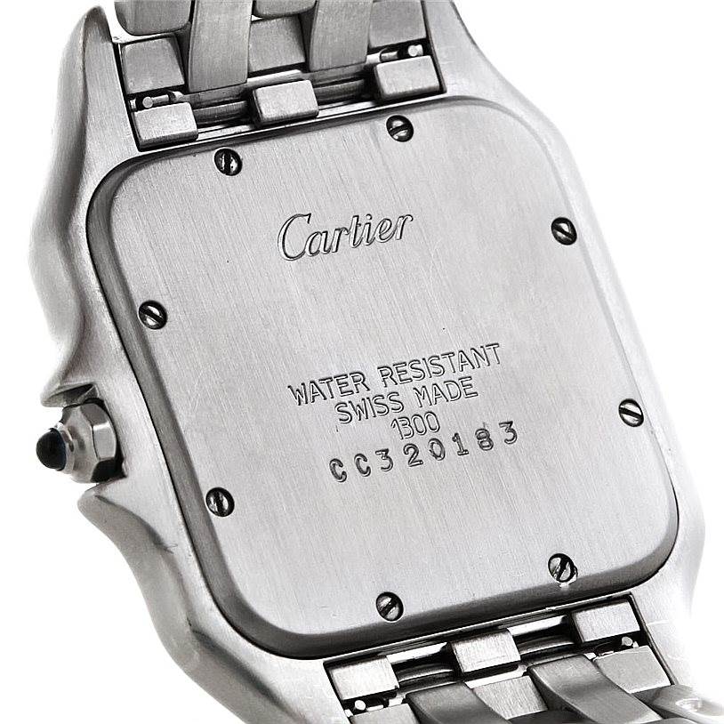 This image shows the back case and part of the band of the Cartier Panthère watch at an angled view.