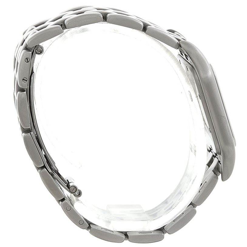 This side-angle view of the Cartier Panthere W25032P5 Men's Stainless Steel Silver Dial W25032P5 Men's Stainless Steel Silver Dial watch highlights its band and part of the watch case.