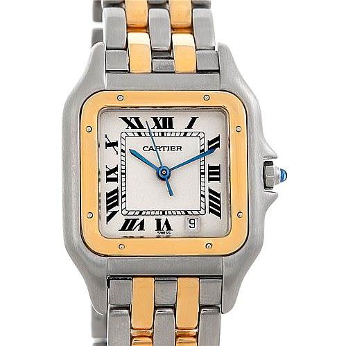 This image shows the front view of a Cartier Panthere W25028B6 Men's Steel and Gold (two tone) Silver Dial W25028B6 Men's Steel and Gold (two tone) Silver Dial watch, highlighting its two-tone metal band and square face with Roman numerals.