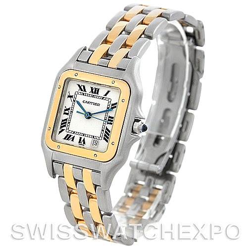 The image shows a Cartier Panthere W25028B6 Men's Steel and Gold (two tone) Silver Dial W25028B6 Men's Steel and Gold (two tone) Silver Dial model watch, featuring its two-tone metal bracelet and square dial with Roman numerals.