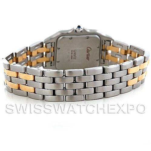 The image shows the back and bracelet of the Cartier Panthere W25028B6 Men's Steel and Gold (two tone) Silver Dial W25028B6 Men's Steel and Gold (two tone) Silver Dial watch with a two-tone metal design.