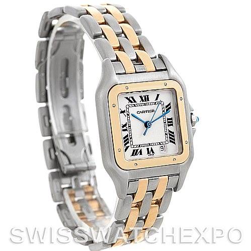 The image shows a Panthere model by Cartier at a three-quarter angle, highlighting the watch's face, bracelet, and clasp.