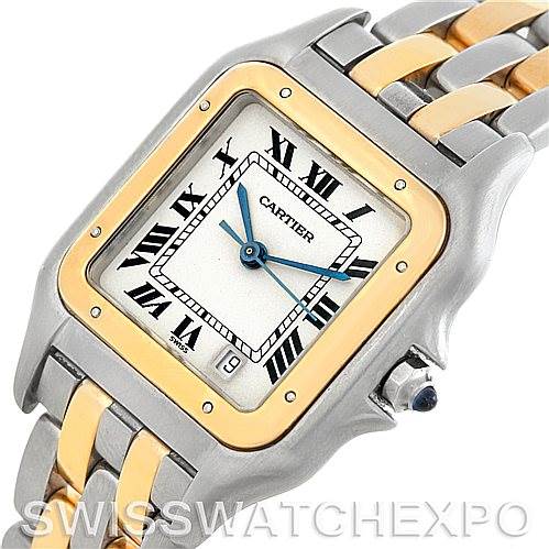 The image shows a Cartier Panthere W25028B6 Men's Steel and Gold (two tone) Silver Dial W25028B6 Men's Steel and Gold (two tone) Silver Dial watch from an angled view, highlighting the face, Roman numerals, dual-tone bracelet, and crown.