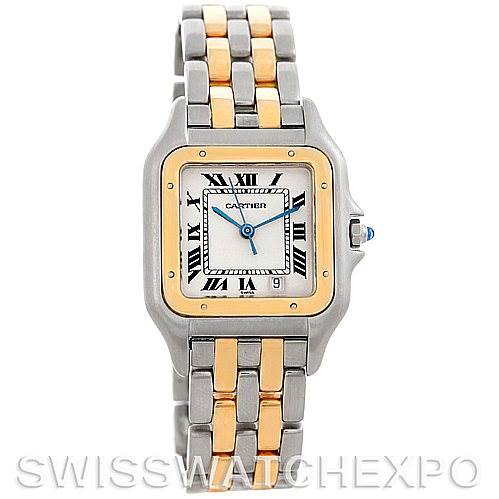 The image shows a front angle view of the Cartier Panthere W25028B6 Men's Steel and Gold (two tone) Silver Dial W25028B6 Men's Steel and Gold (two tone) Silver Dial watch, highlighting the gold and silver case, bracelet, and watch face.