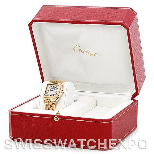 The Cartier Panthere W25014B9 Men's Yellow Gold Silver Dial W25014B9 Men's Yellow Gold Silver Dial watch is displayed in its open red and white branded box.