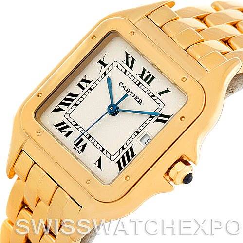 The image shows a close-up of the dial and partial strap of a Cartier Panthere W25014B9 Men's Yellow Gold Silver Dial W25014B9 Men's Yellow Gold Silver Dial watch, highlighting its gold case and Roman numeral markers.