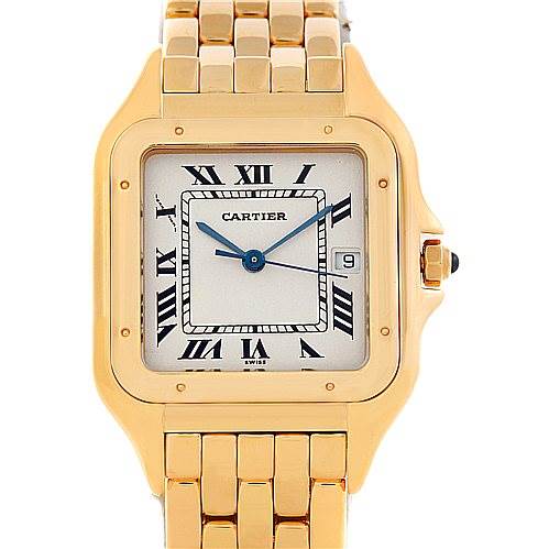 The image shows a front view of a Cartier Panthere W25014B9 Men's Yellow Gold Silver Dial W25014B9 Men's Yellow Gold Silver Dial watch, displaying its gold case, Roman numeral dial, and linked bracelet.