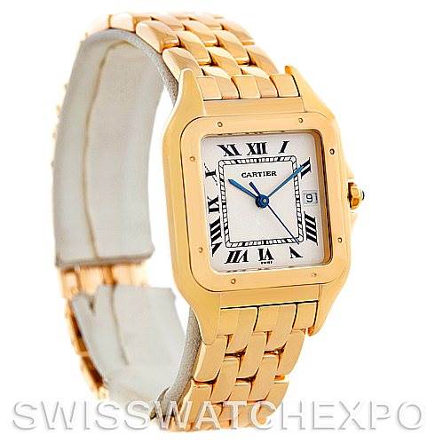 The image shows a Cartier Panthere W25014B9 Men's Yellow Gold Silver Dial W25014B9 Men's Yellow Gold Silver Dial model watch, angled to display the face, bracelet, and side.