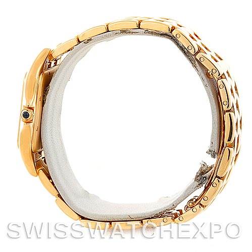 This Cartier Panthere W25014B9 Men's Yellow Gold Silver Dial W25014B9 Men's Yellow Gold Silver Dial model watch is shown from a side angle, displaying its gold bracelet and crown.