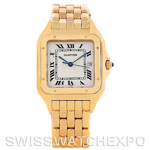 This is a frontal view of the Cartier Panthere W25014B9 Men's Yellow Gold Silver Dial W25014B9 Men's Yellow Gold Silver Dial watch, showcasing the square dial, Roman numerals, gold case, and bracelet.
