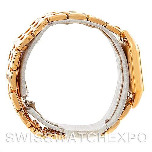 The image shows a side view of the Cartier Panthere W25014B9 Men's Yellow Gold Silver Dial W25014B9 Men's Yellow Gold Silver Dial watch, highlighting its gold bracelet and case.