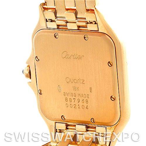 The image shows the back case and bracelet of a Cartier Panthere W25014B9 Men's Yellow Gold Silver Dial W25014B9 Men's Yellow Gold Silver Dial watch, highlighting the screws and inscriptions.