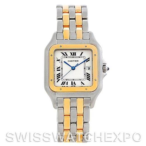 The image shows a front view of a Cartier Panthere Steel and Gold (two tone) Silver Dial Steel and Gold (two tone) Silver Dial watch with a two-tone stainless steel and gold bracelet, and a square face.