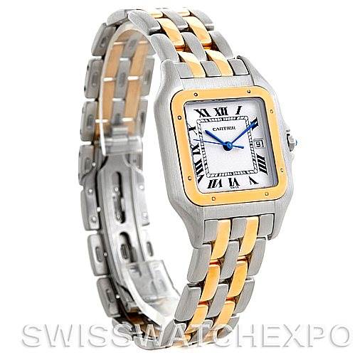 The image shows a Panthere model by Cartier from an angled side view, highlighting its two-tone metal bracelet and square face with Roman numerals.