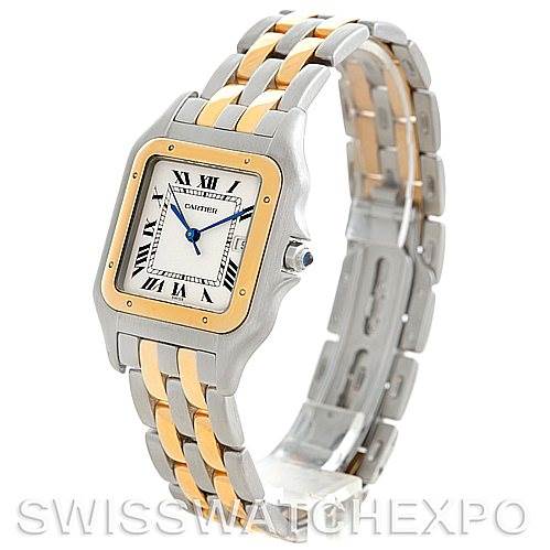 The image shows a Panthere model by Cartier at a slight side angle, highlighting its two-tone bracelet and square face with Roman numerals.