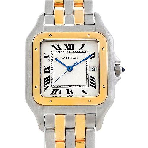 The image shows a Panthere model by Cartier from a front angle, highlighting the two-tone bezel, watch face with Roman numerals, and part of the bracelet.