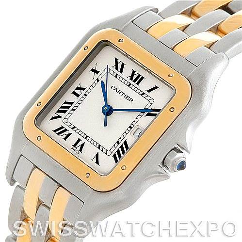 The image shows a Panthere model Cartier watch from a front angle, highlighting the face, bezel, and part of the bracelet.