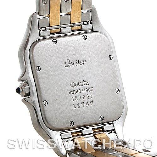 This image shows the back case and part of the bracelet of a Cartier Panthere Steel and Gold (two tone) Silver Dial Steel and Gold (two tone) Silver Dial model watch.