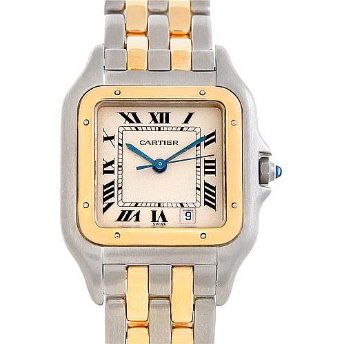 The image shows a front view of a Cartier Panthere W25028B6 Men's Steel and Gold (two tone) Beige Dial W25028B6 Men's Steel and Gold (two tone) Beige Dial watch, highlighting its two-tone bracelet, square bezel, and Roman numeral dial.