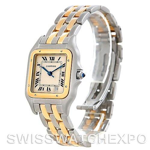 The image shows a Cartier Panthere W25028B6 Men's Steel and Gold (two tone) Beige Dial W25028B6 Men's Steel and Gold (two tone) Beige Dial watch at an angle highlighting the face, bezel, and part of the bracelet.