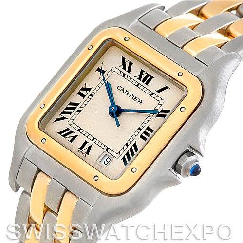This image shows the face of a Panthere model by Cartier at a slight angle, highlighting the Roman numerals, blue hands, and two-tone bracelet.