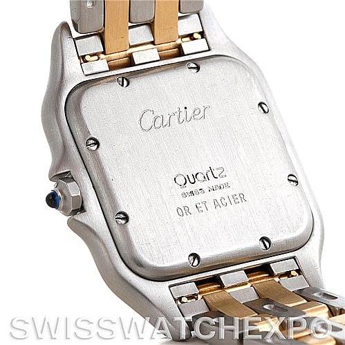 The image shows the case back and part of the bracelet of a Cartier Panthere W25028B6 Men's Steel and Gold (two tone) Beige Dial W25028B6 Men's Steel and Gold (two tone) Beige Dial model watch.