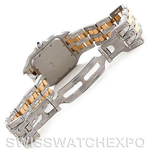The image shows the backside and clasp of the Cartier Panthere W25028B6 Men's Steel and Gold (two tone) Beige Dial W25028B6 Men's Steel and Gold (two tone) Beige Dial watch, highlighting its two-tone metal bracelet.