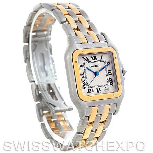 This image shows a side angle of the Cartier Panthere W25028B6 Men's Steel and Gold (two tone) Beige Dial W25028B6 Men's Steel and Gold (two tone) Beige Dial model watch, highlighting its two-tone bracelet, square face, and clasp.