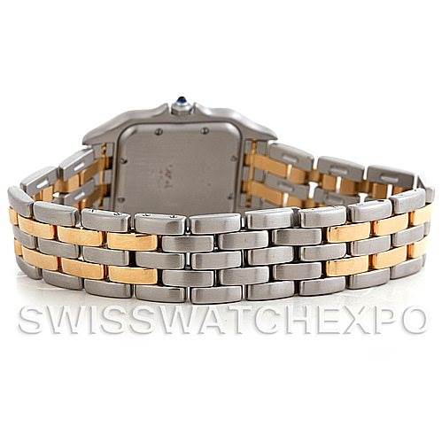The image shows the back view of the Cartier Panthere W25028B6 Men's Steel and Gold (two tone) Beige Dial W25028B6 Men's Steel and Gold (two tone) Beige Dial watch, focusing on its two-tone metal bracelet and case back.