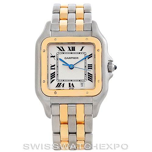 This image shows a front view of the Cartier Panthere W25028B6 Men's Steel and Gold (two tone) Beige Dial W25028B6 Men's Steel and Gold (two tone) Beige Dial watch, displaying its dial, bezel, and two-tone bracelet.