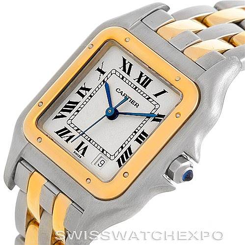 The image shows a close-up angle of the Cartier Panthere W25028B6 Men's Steel and Gold (two tone) Beige Dial W25028B6 Men's Steel and Gold (two tone) Beige Dial watch, highlighting its face, bezel, crown, and part of the bracelet.
