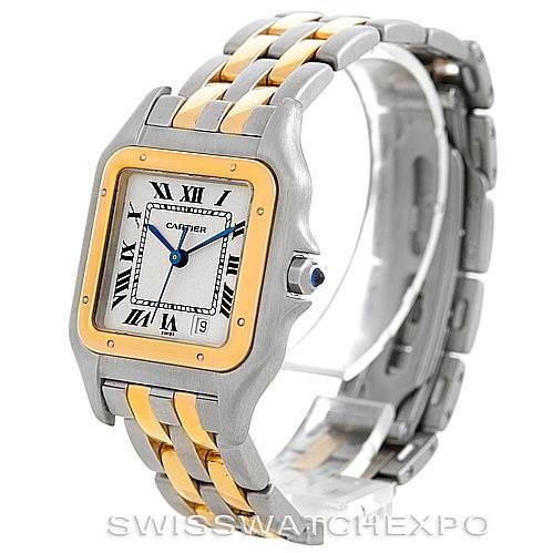 The Cartier Panthère watch is displayed at a slight angle, showing the face, bezel, and two-tone bracelet.
