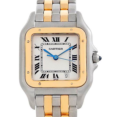 This image shows a Panthere model by Cartier from the front, highlighting its face, bezel, and two-tone bracelet.
