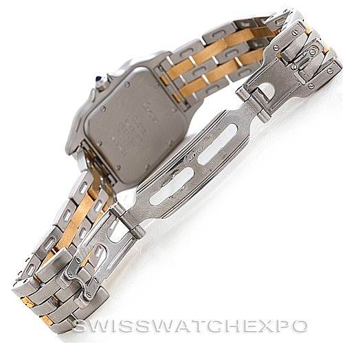 The image shows the back view and clasp of a Panthere model watch by Cartier, showcasing its dual-tone metal bracelet.