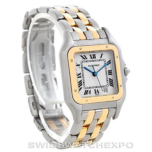 The image shows a Cartier Panthere W25028B6 Men's Steel and Gold (two tone) Beige Dial W25028B6 Men's Steel and Gold (two tone) Beige Dial watch from a front-right angle, highlighting the two-tone bracelet and square dial with Roman numerals.