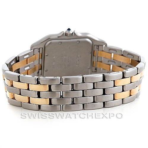 The image shows the back view of a Cartier Panthere W25028B6 Men's Steel and Gold (two tone) Beige Dial W25028B6 Men's Steel and Gold (two tone) Beige Dial watch, highlighting its two-tone metal bracelet.