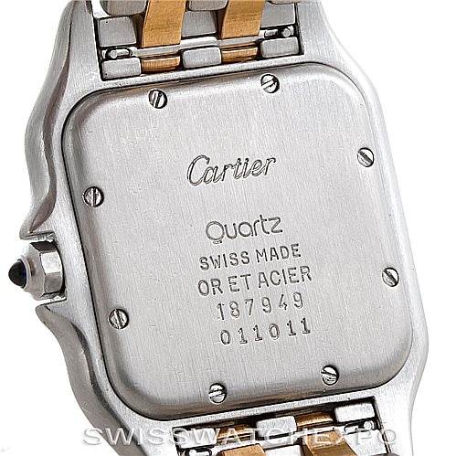 This image shows the back case and part of the band of the Cartier Panthere W25028B6 Men's Steel and Gold (two tone) Beige Dial W25028B6 Men's Steel and Gold (two tone) Beige Dial watch.