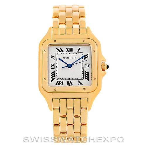 The image shows a front view of the Cartier Panthere W25014B9 Men's Yellow Gold Silver Dial W25014B9 Men's Yellow Gold Silver Dial watch, displaying its face, bracelet, and crown.