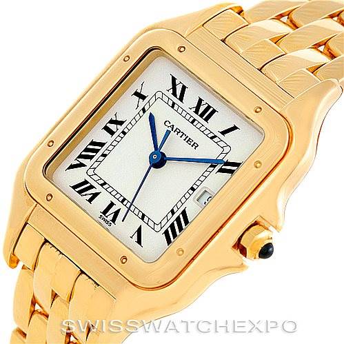 This image shows a close-up angled view of the Panthere model by Cartier, highlighting the dial, case, crown, and part of the bracelet.