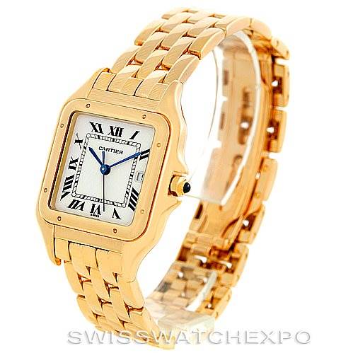 The image shows a gold Cartier Panthere W25014B9 Men's Yellow Gold Silver Dial W25014B9 Men's Yellow Gold Silver Dial watch from a front angle, highlighting the face, bezel, and bracelet.