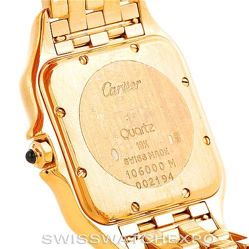 This image shows the back case and part of the metal bracelet of a Cartier Panthere W25014B9 Men's Yellow Gold Silver Dial W25014B9 Men's Yellow Gold Silver Dial model watch.