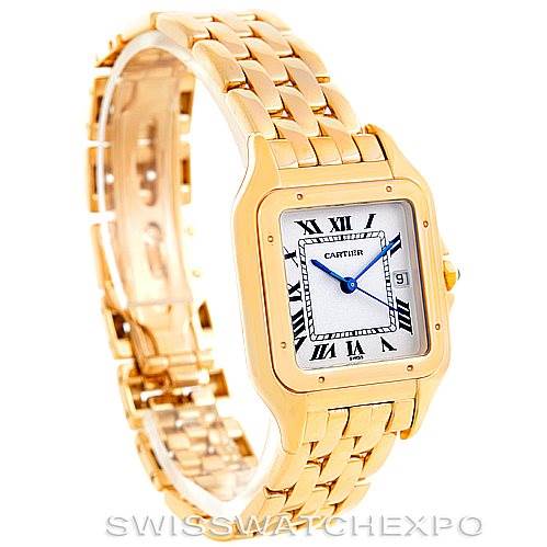 This image shows a Cartier Panthère watch at a high angle, displaying the face, bezel, bracelet, and clasp.