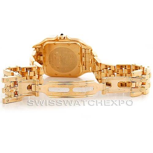 The image shows the backside and open clasp of a Cartier Panthere W25014B9 Men's Yellow Gold Silver Dial W25014B9 Men's Yellow Gold Silver Dial watch, highlighting its gold bracelet and case.
