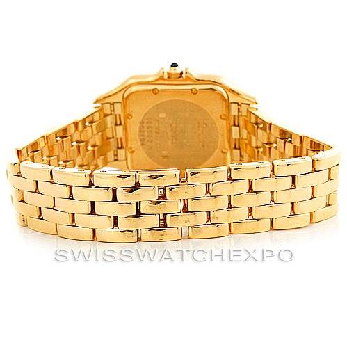 The image shows the back view of a Cartier Panthere W25014B9 Men's Yellow Gold Silver Dial W25014B9 Men's Yellow Gold Silver Dial watch, highlighting its gold bracelet and case back.