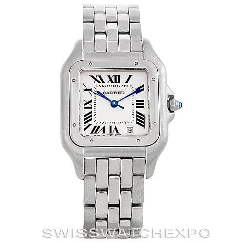 This image shows a front view of a Cartier Panthere W25054P5 Men's Stainless Steel Silver Dial W25054P5 Men's Stainless Steel Silver Dial watch, highlighting the silver bracelet, square face, and Roman numeral markers.