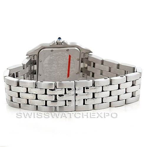 The image shows the back and bracelet of a Cartier Panthere W25054P5 Men's Stainless Steel Silver Dial W25054P5 Men's Stainless Steel Silver Dial watch, highlighting the clasp and the case back.