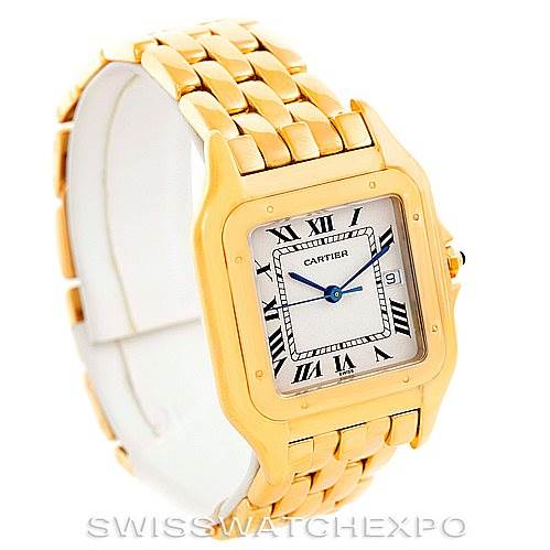 The image shows a close-up angle of a Cartier Panthere Men's Yellow Gold Silver Dial Men's Yellow Gold Silver Dial watch featuring its gold case, bracelet, and white Roman numeral dial.