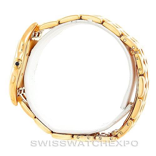 The image shows the side view of the Cartier Panthere Men's Yellow Gold Silver Dial Men's Yellow Gold Silver Dial watch, highlighting its gold bracelet and crown with a blue cabochon.