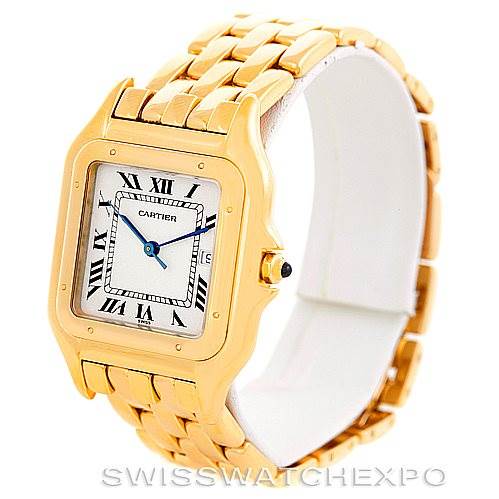 This image shows a Cartier Panthere Men's Yellow Gold Silver Dial Men's Yellow Gold Silver Dial watch from a front angle, highlighting its gold bracelet and square face with Roman numerals.